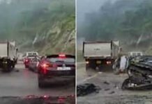 മുകളിൽ നിന്ന് ഉരുണ്ടുവന്ന പാറക്കഷ്ണം കാറുകളെ ഇടിച്ചു തെറിപ്പിച്ചു; 2 മരണം